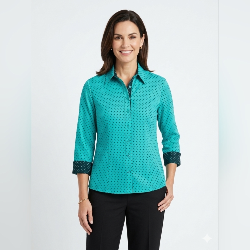Sarah Bentley Teal Polka Dot Stretch Button Up Shirt Cuff Sleeve XL